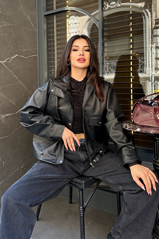 Kadın Oversize Biker Deri Ceket - Çift Büyük Cepli Bomber Kalıp