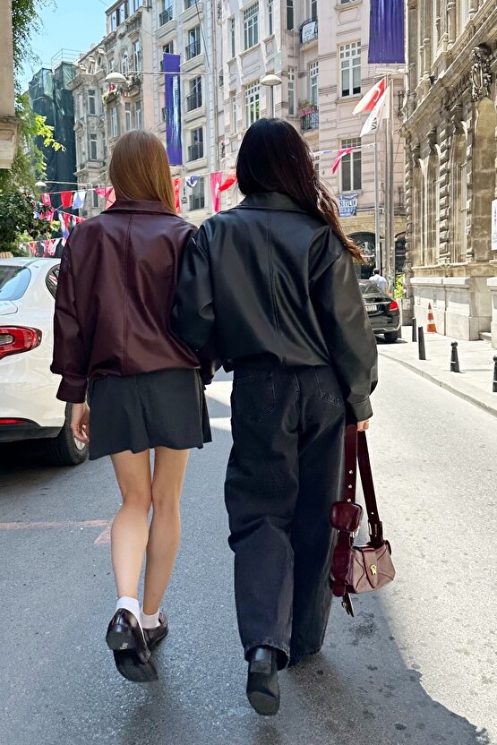 Kadın Oversize Biker Deri Ceket - Çift Büyük Cepli Bomber Kalıp