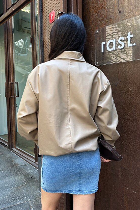 Kadın Oversize Biker Deri Ceket - Çift Büyük Cepli Bomber Kalıp