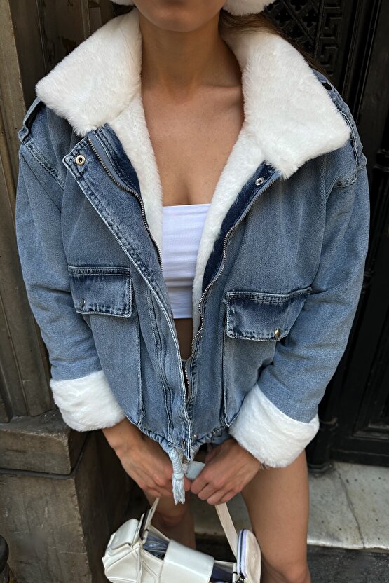 Kadın Oversize Suni Kürk Yakalı Jean Ceket - Peluş Detaylı Bomber