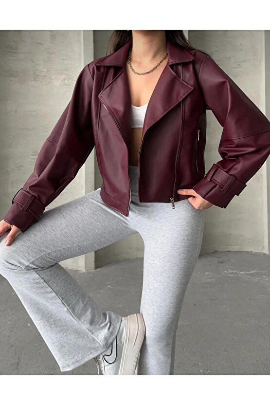 Balon Kol Bordo Deri Ceket