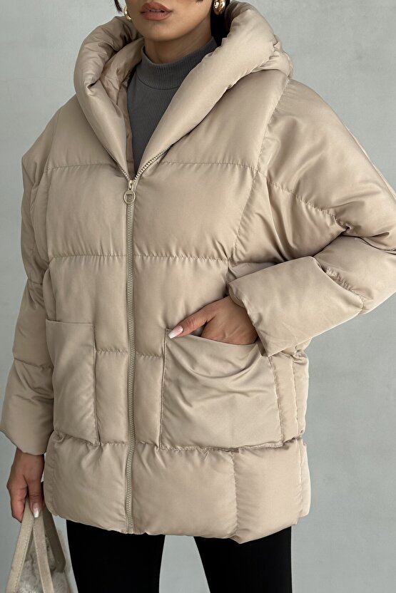 Puffer Yarasa Şişme Bej Oversize Kadın Mont