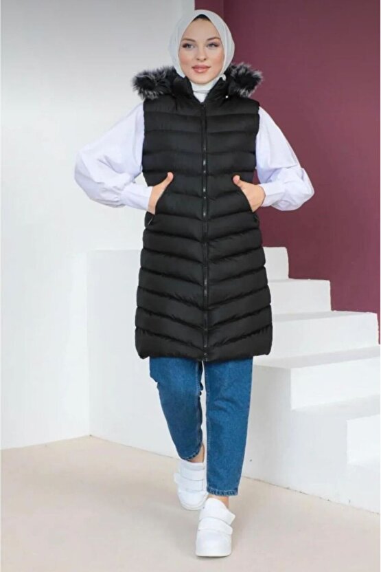 Kürklü Kapüşonlu Uzun Siyah Şişme Yelek
