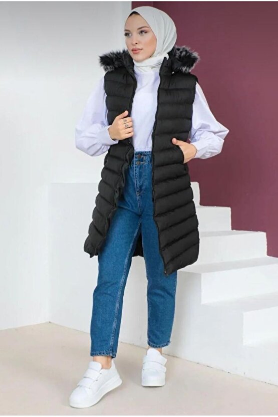 Kürklü Kapüşonlu Uzun Siyah Şişme Yelek