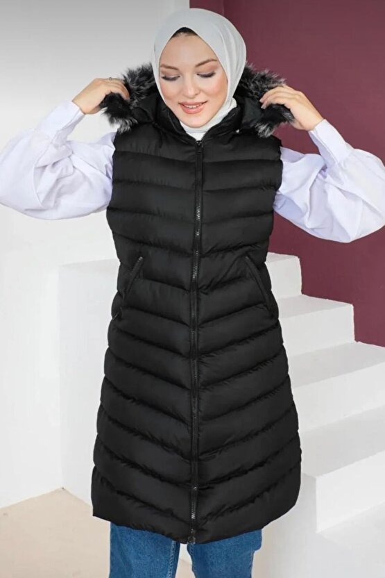 Kürklü Kapüşonlu Uzun Siyah Şişme Yelek