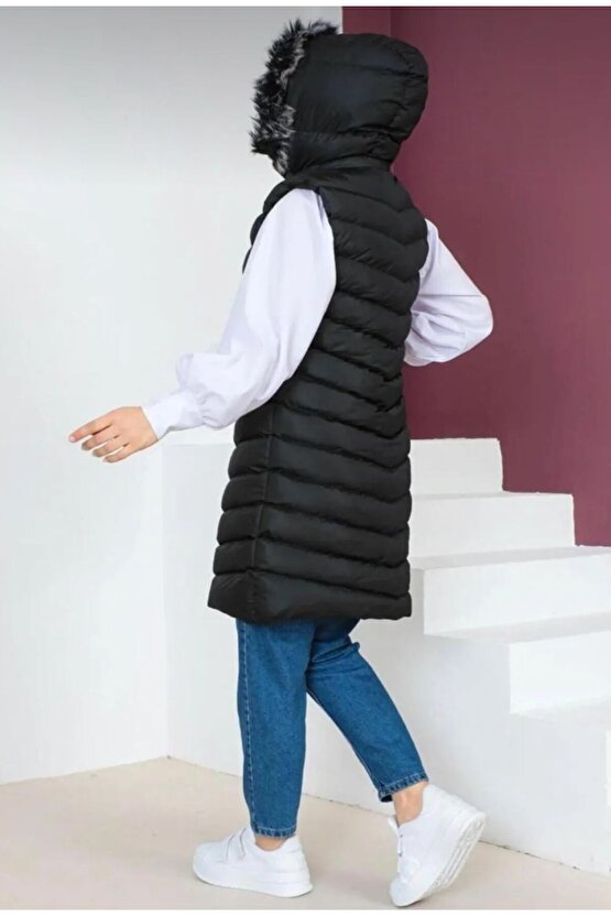 Kürklü Kapüşonlu Uzun Siyah Şişme Yelek