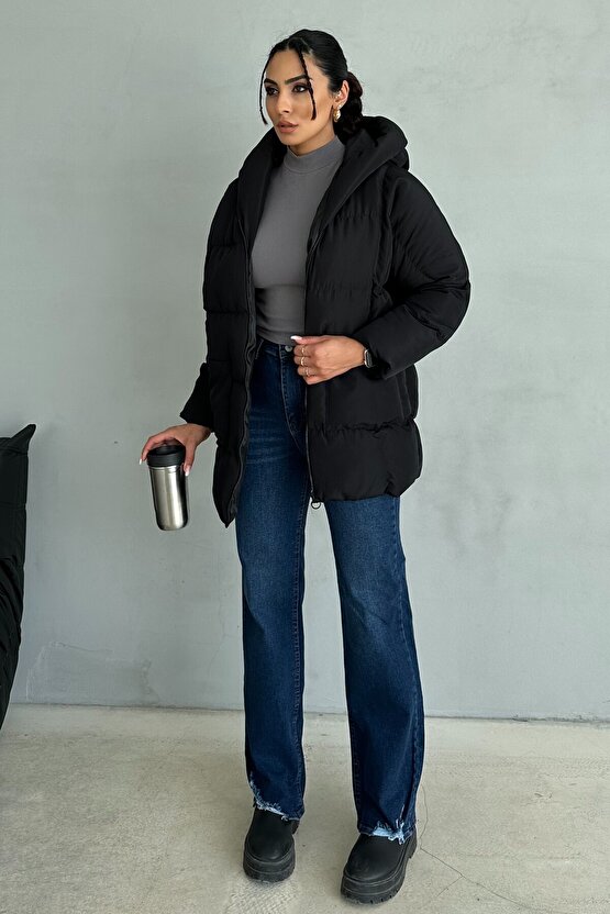 Puffer Yarasa Şişme Siyah Oversize Mont