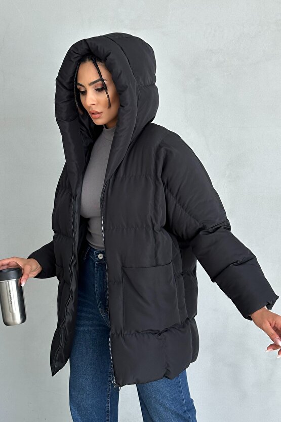 Puffer Yarasa Şişme Siyah Oversize Mont
