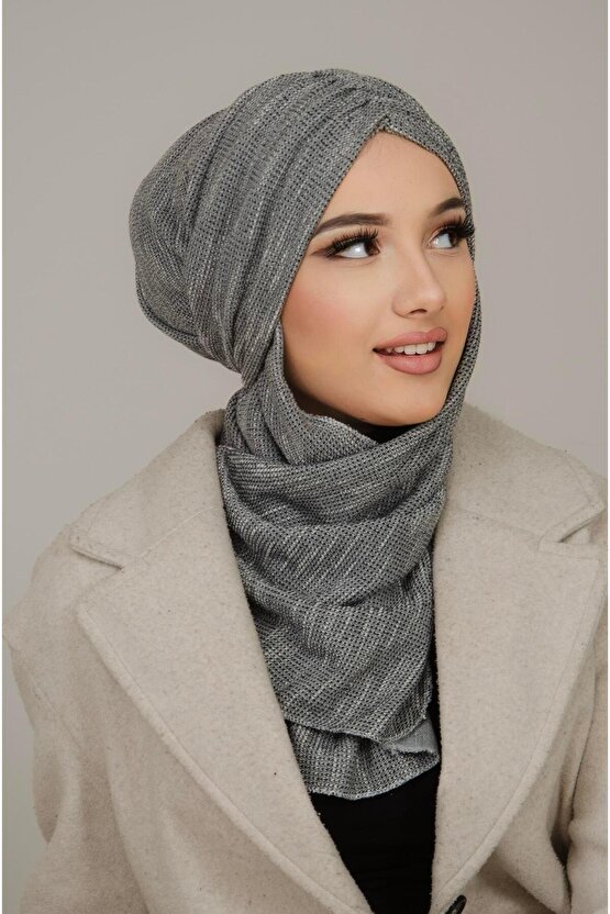 Gri Desen Kelebek Model Büzgülü Bone Şal