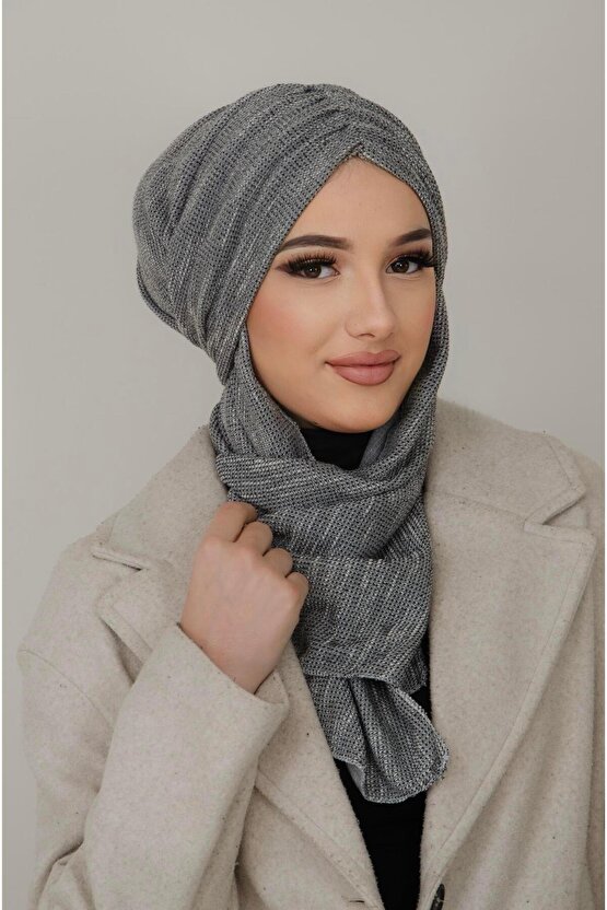 Gri Desen Kelebek Model Büzgülü Bone Şal