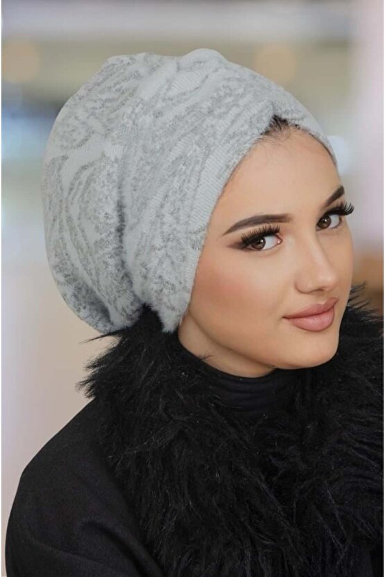 Beyaz Gri Kışlık Büzgülü Bone