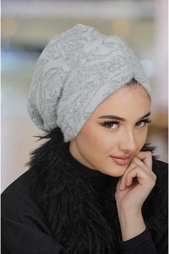 Beyaz Gri Kışlık Büzgülü Bone