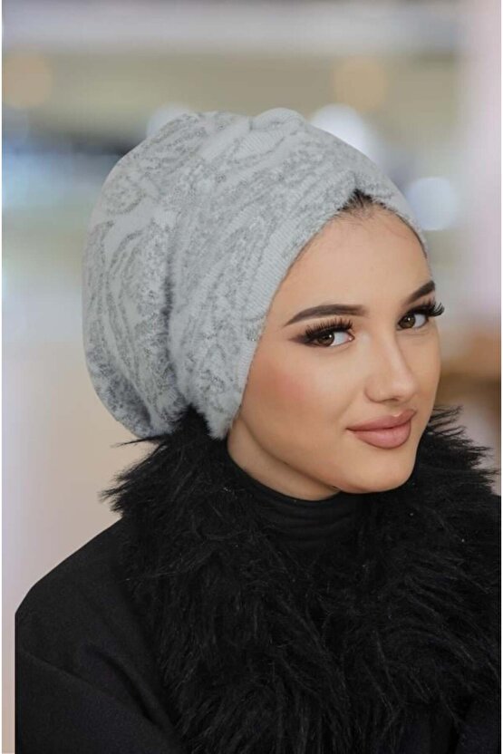 Beyaz Gri Kışlık Büzgülü Bone