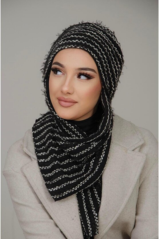 Siyah Çizgili Kelebek Bone Şal