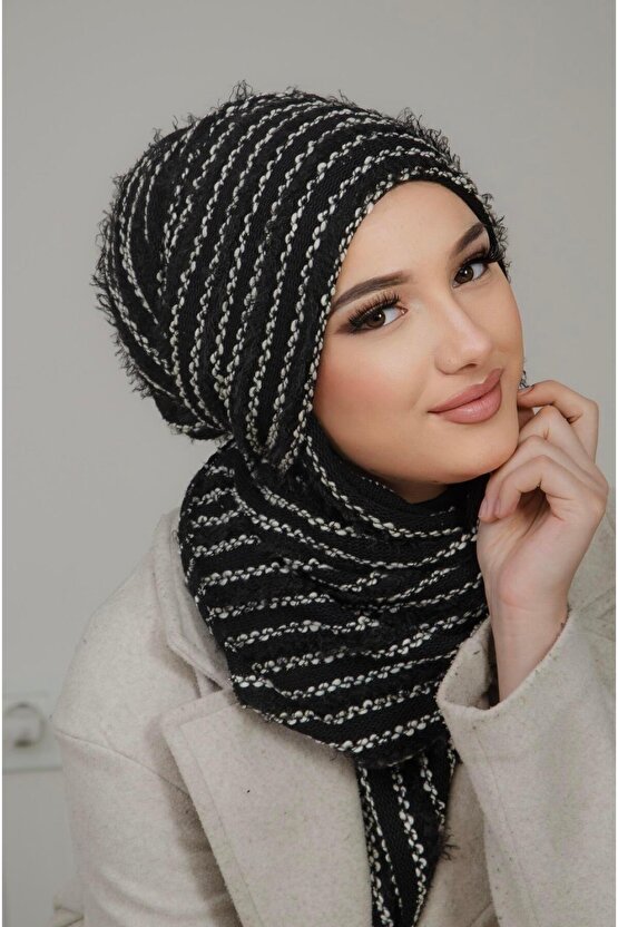 Siyah Çizgili Kelebek Bone Şal