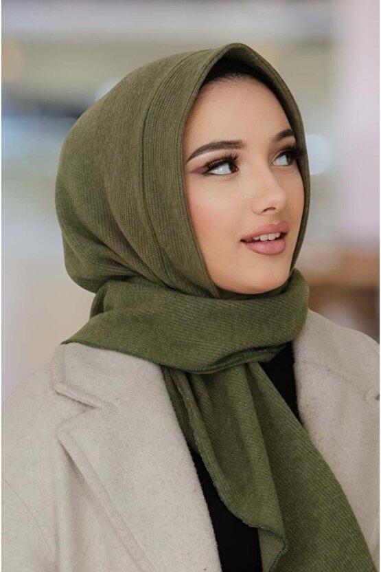 Haki Kapüşonlu Çıtçıtlı Şal