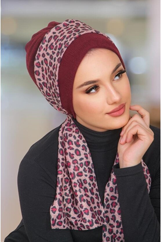 Bordo Leopar Desen Fularlı Bone