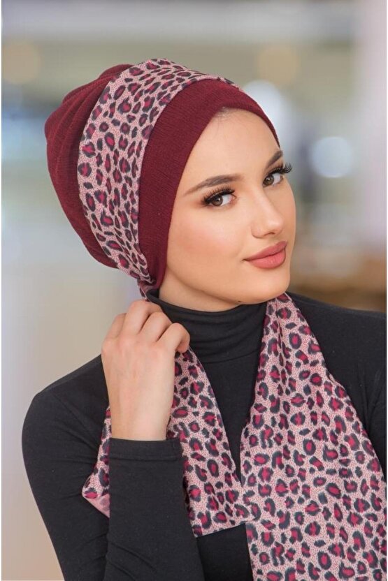 Bordo Leopar Desen Fularlı Bone