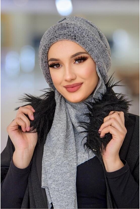 Gri Kürklü Kelebek Bone Şal