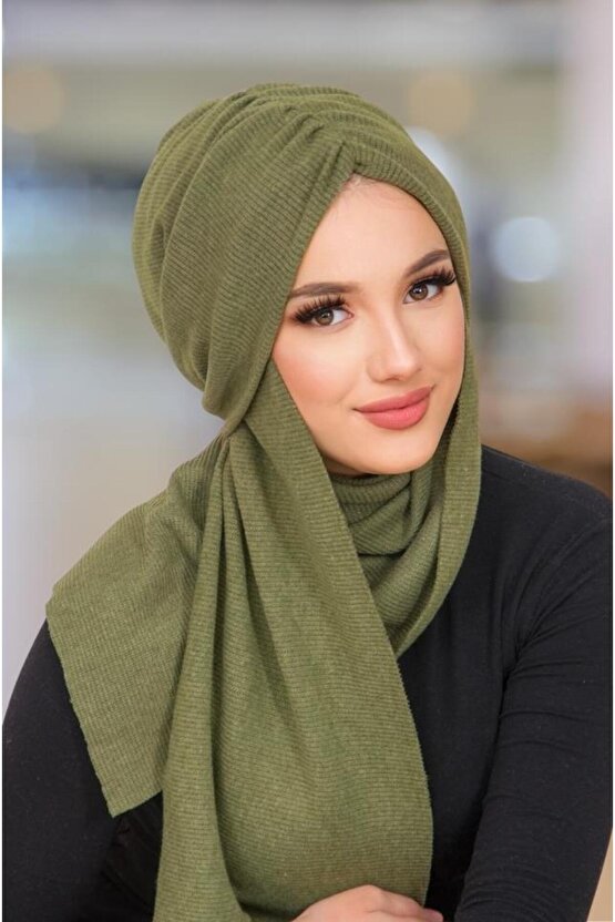 Haki Triko Kelebek Model Büzgülü Bone Şal