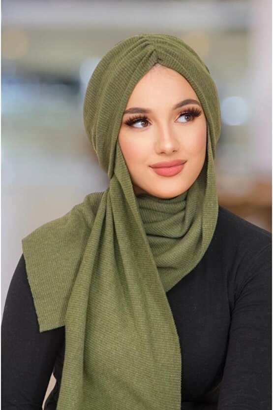 Haki Triko Kelebek Model Büzgülü Bone Şal