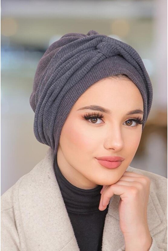 Füme Triko Burgu Detaylı Bone