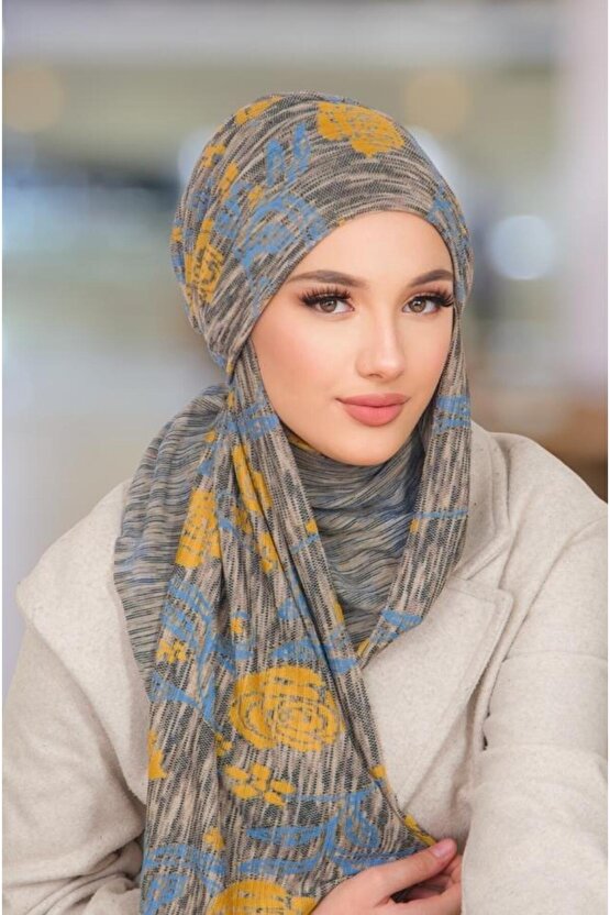 Gri Hardal Desen Kelebek Bone Şal