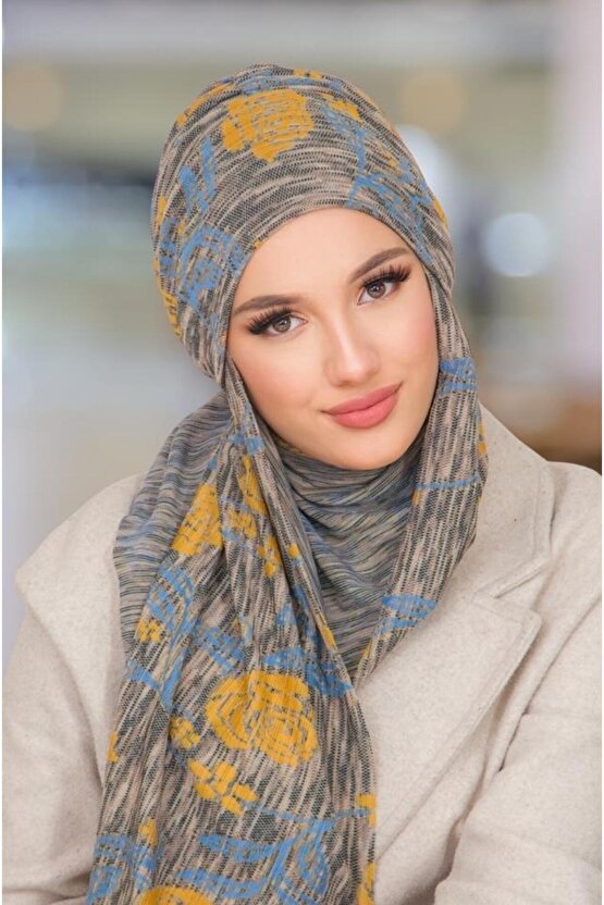 Gri Hardal Desen Kelebek Bone Şal