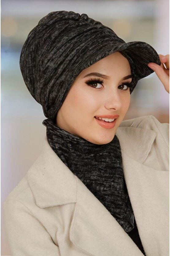 Siyah Gri Melanj Tesettür Şapka ve Etol Takım