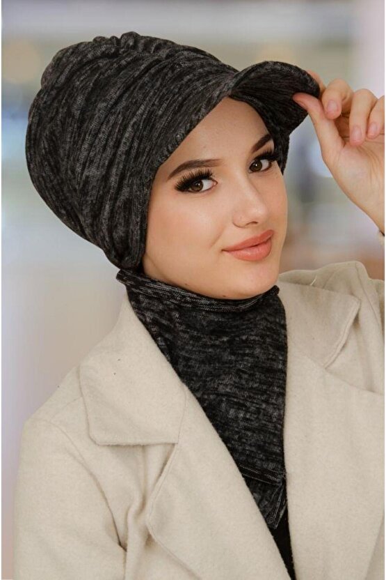 Siyah Gri Melanj Tesettür Şapka ve Etol Takım