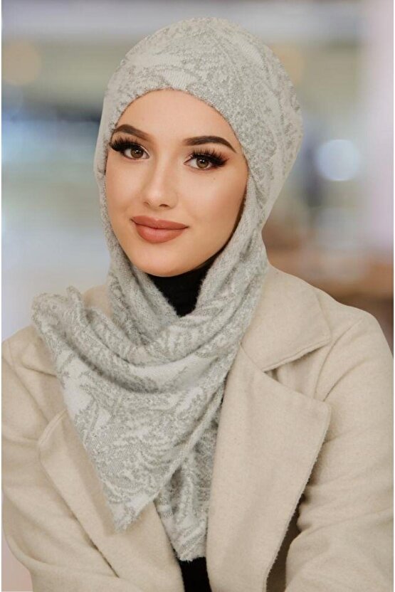 Gri Beyaz Desenli Kışlık Kelebek Bone Şal