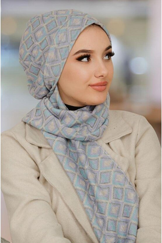 Mavi Gri Desenli Tesettür Bere