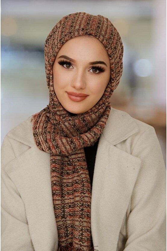 Taba Çizgili Triko Kelebek Bone Şal