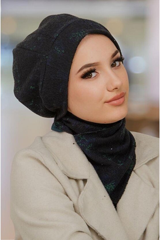 Siyah Yeşil Desen Tesettür Bere ve Etol Takım
