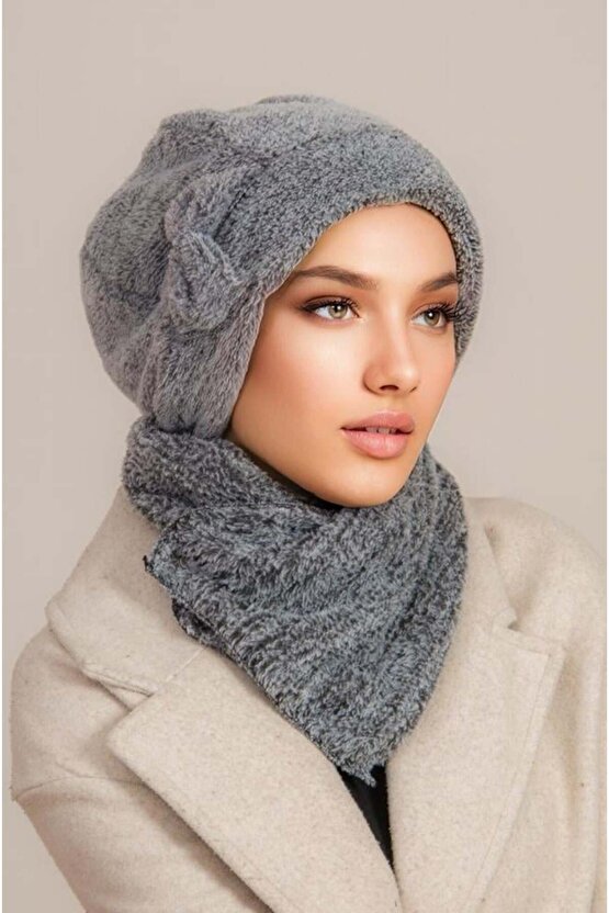 Gri Melanj Welsoft Etol ve Tesettür Bere Takım