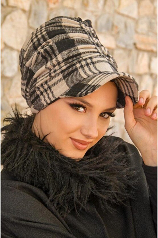 Vizon Siyah Ekose Desen Tesettür Şapka