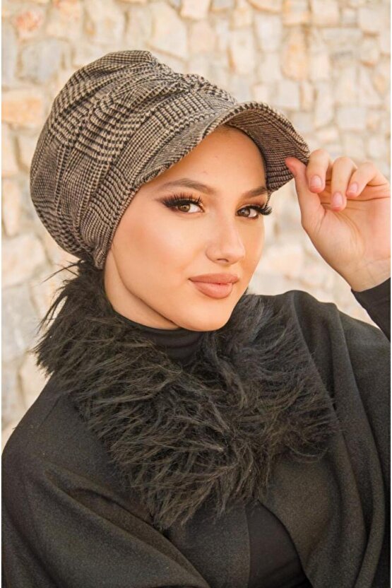 Bej Siyah Ekose Tesettür Şapka