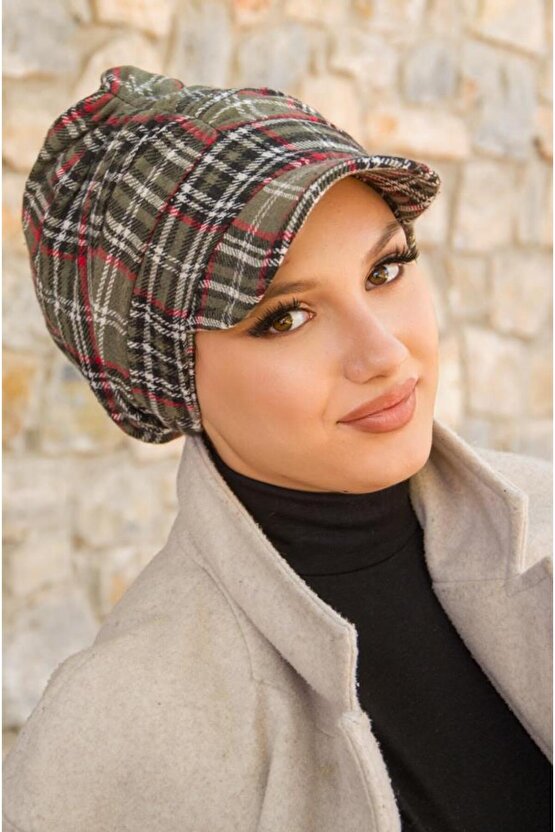 Haki Ekose Desen Tesettür Şapka