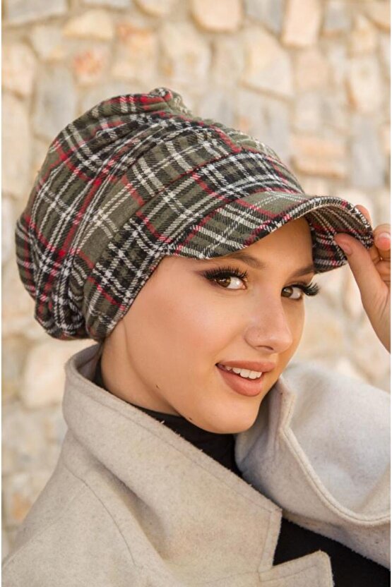 Haki Ekose Desen Tesettür Şapka