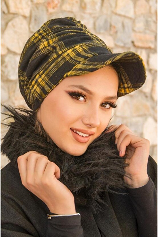 Siyah Hardal Ekose Desen Tesettür Şapka