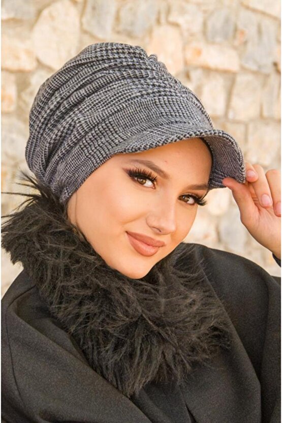 Gri Siyah Ekose Desen Tesettür Şapka