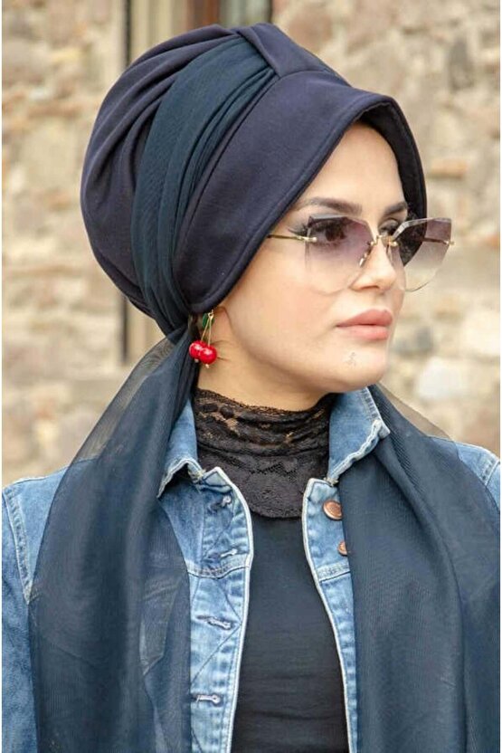 Lacivert Şapkalı Fularlı Şapka Bone