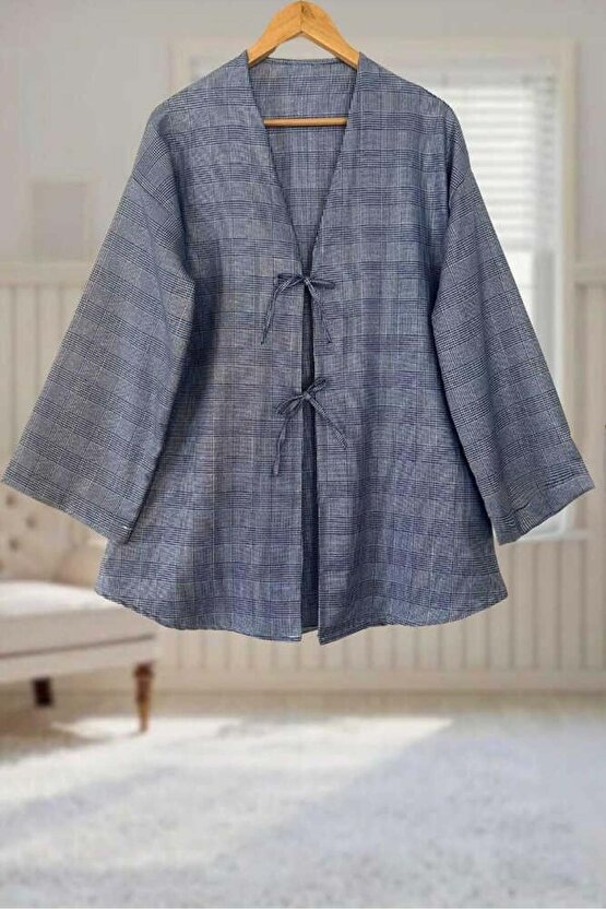 Mavi Ekose Önü Bağlamalı Kimono Tunik  85 CM BOY