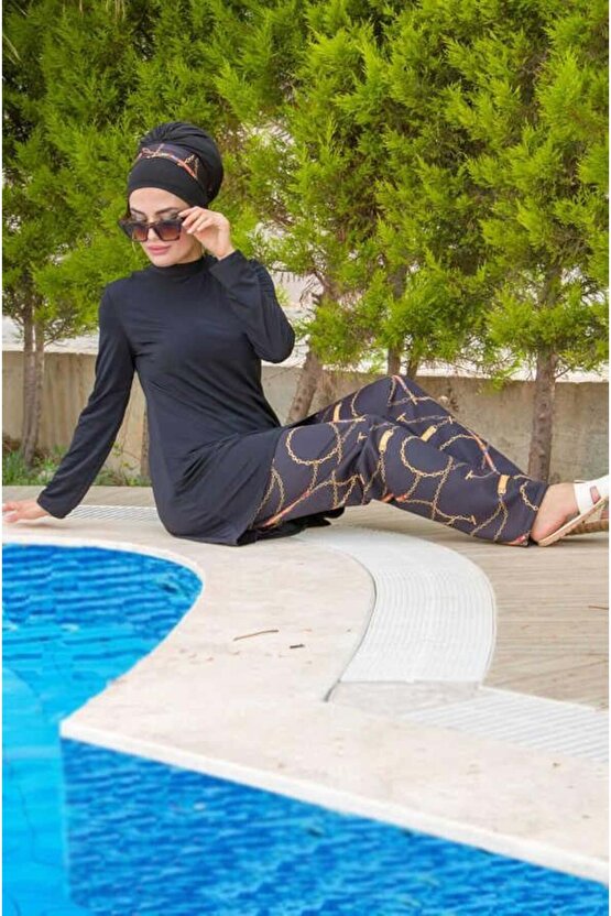 Siyah Fuşya Leopar Tesettür Mayo