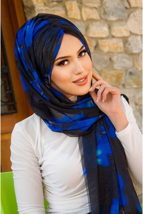 Siyah Saks Mavi Batik Desen Hazır Şal