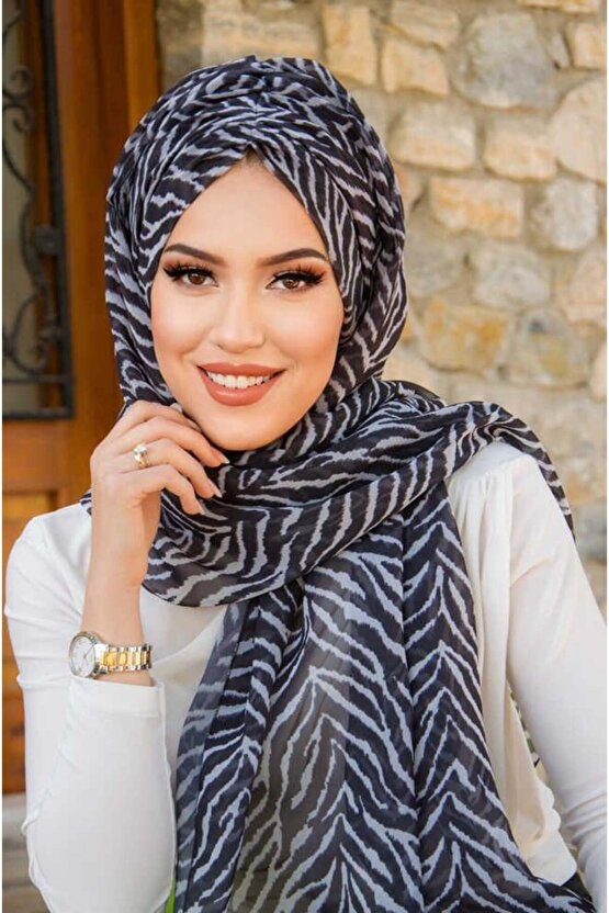 Siyah Gri Zebra Desen Hazır Şal