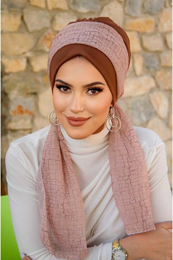 Karamel Bej Desen Fularlı Bone