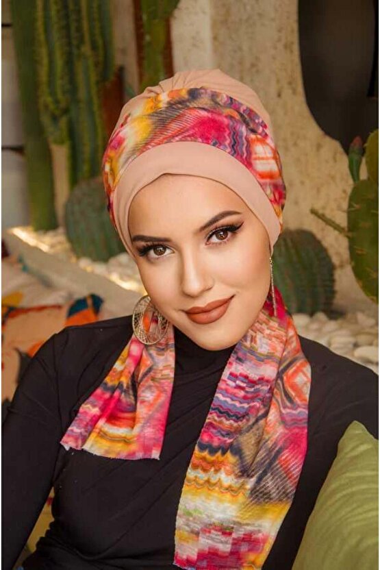 Bej Geometrik Desen Fularlı Bone