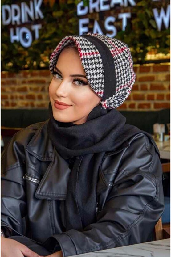 Siyah Kırmızı Kazayağı Desen Tesettür Şapka