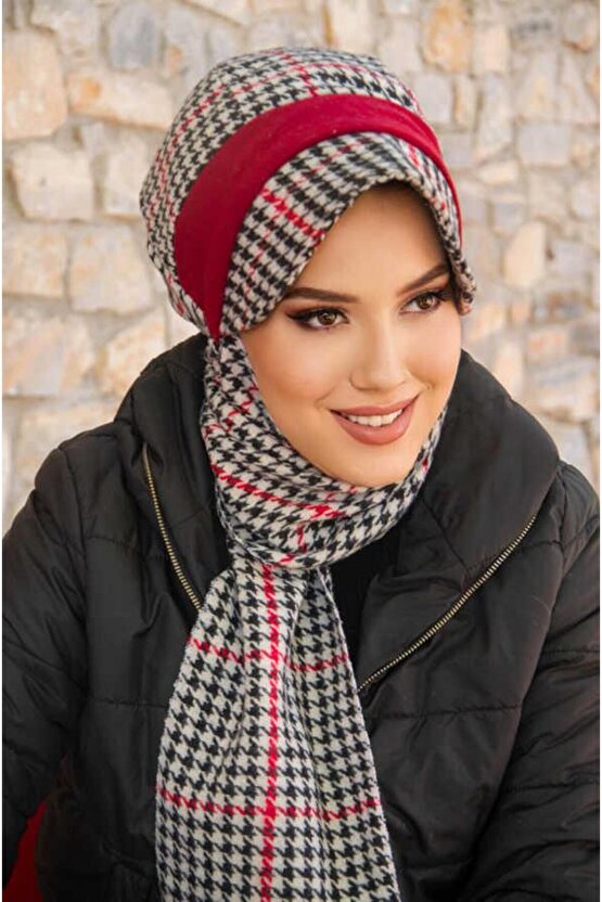Kırmızı Siyah Kazayağı Desen Tesettür Şapka